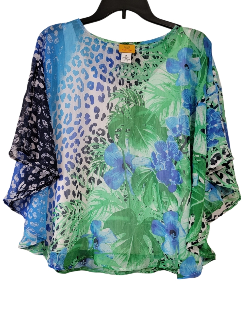 Ruby Rd. Blue Green Tropical Floral Sheer Flutter Top Size Medium